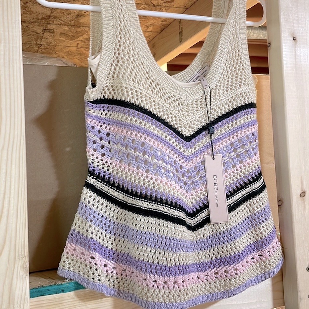 NWT BCBGeneration crochet knit tank peplum pastels purple pink beige cream XXS/M